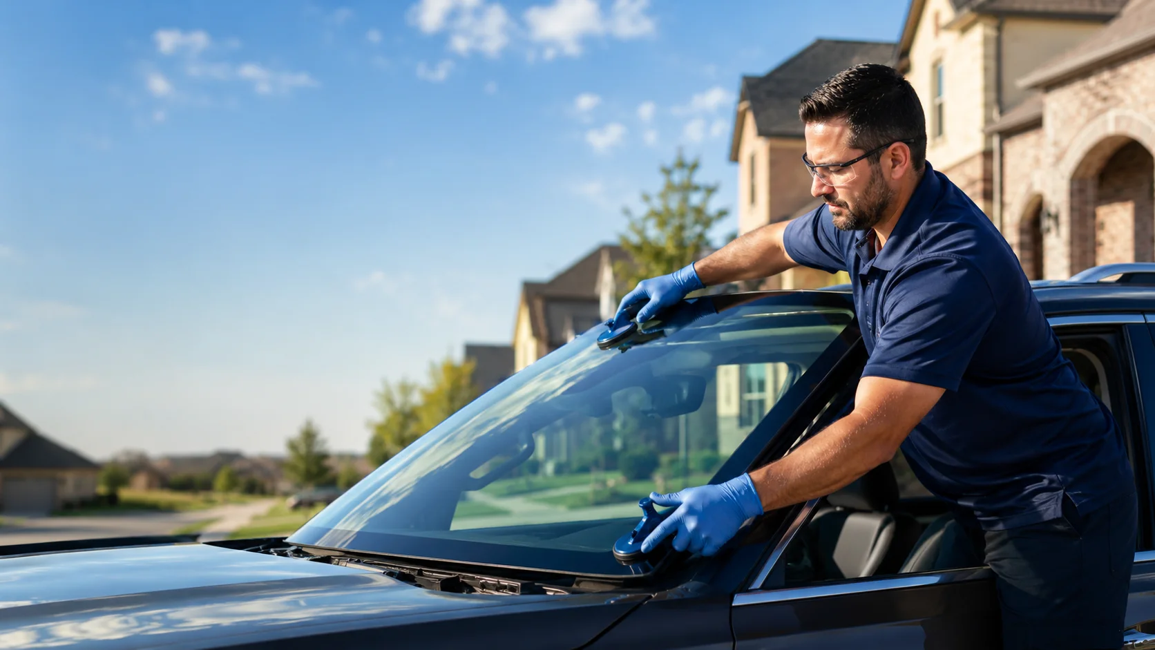technician replacing a windshield at a customer's home